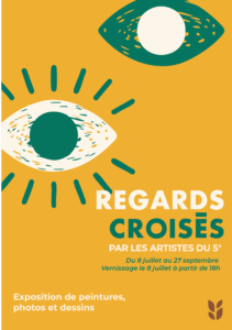 Illustration graphique de deux yeux stylisés sur fond ocre, avec au centre un encart jaune portant le texte : « Exposition : Regards croisés ».